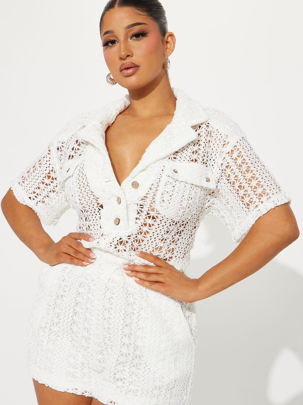 Fashion Nova White Crochet Short Sleeve Romper